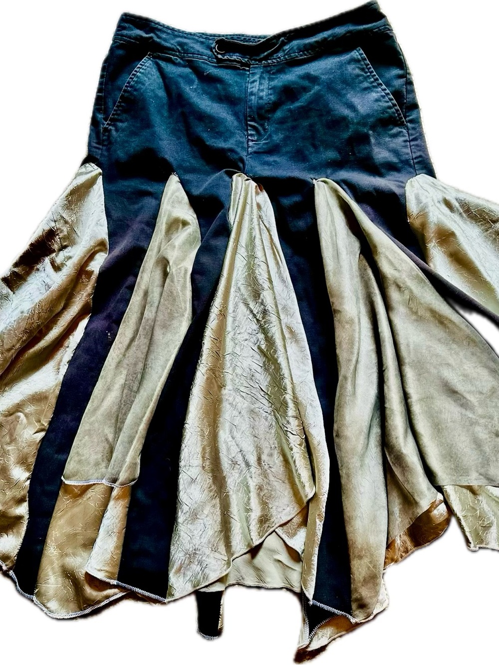 Upcycled Black Jeans into Green Satin Skirt